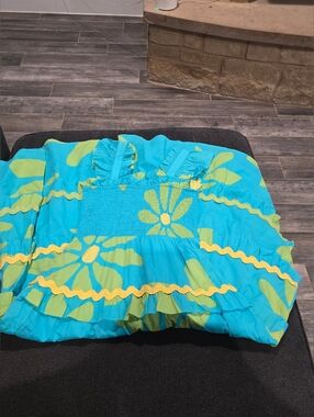 Turquoise and Yellow Floral Mini Dress with Ruffle Details